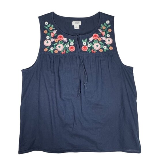 J.Crew Tops - J.Crew Linen Top Sz.M Navy Blue  Flower Embroidered Tie-Neck Cottage Fairy
